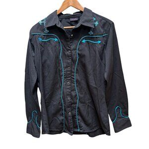 Vintage Wrangler Shirt Button Up‎ Black Western Embroidered Crosses Women's LG